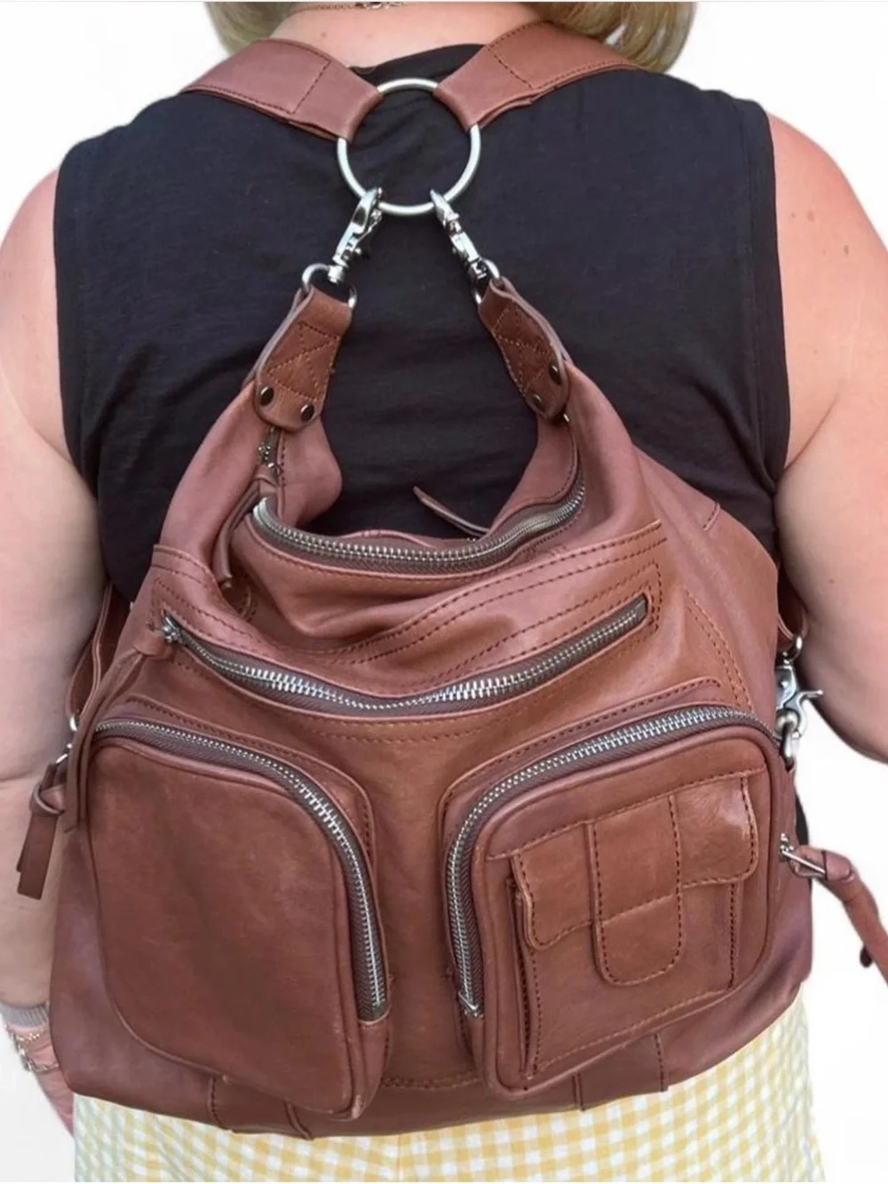 Casual Brown Leather Backpack Sling with Multifunction Pockets